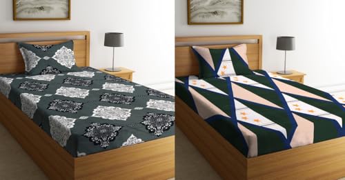 Image of la' amour Pure Cotton 220 tc Flat Single Bedsheets Combo Pack of 2 Bed Sheet for Breathable | Wrinklefree Super Soft (Size-60 X 90 Inch) with 2 Pillow Covers (Size-17 X 27 Inches, Green & Grey)