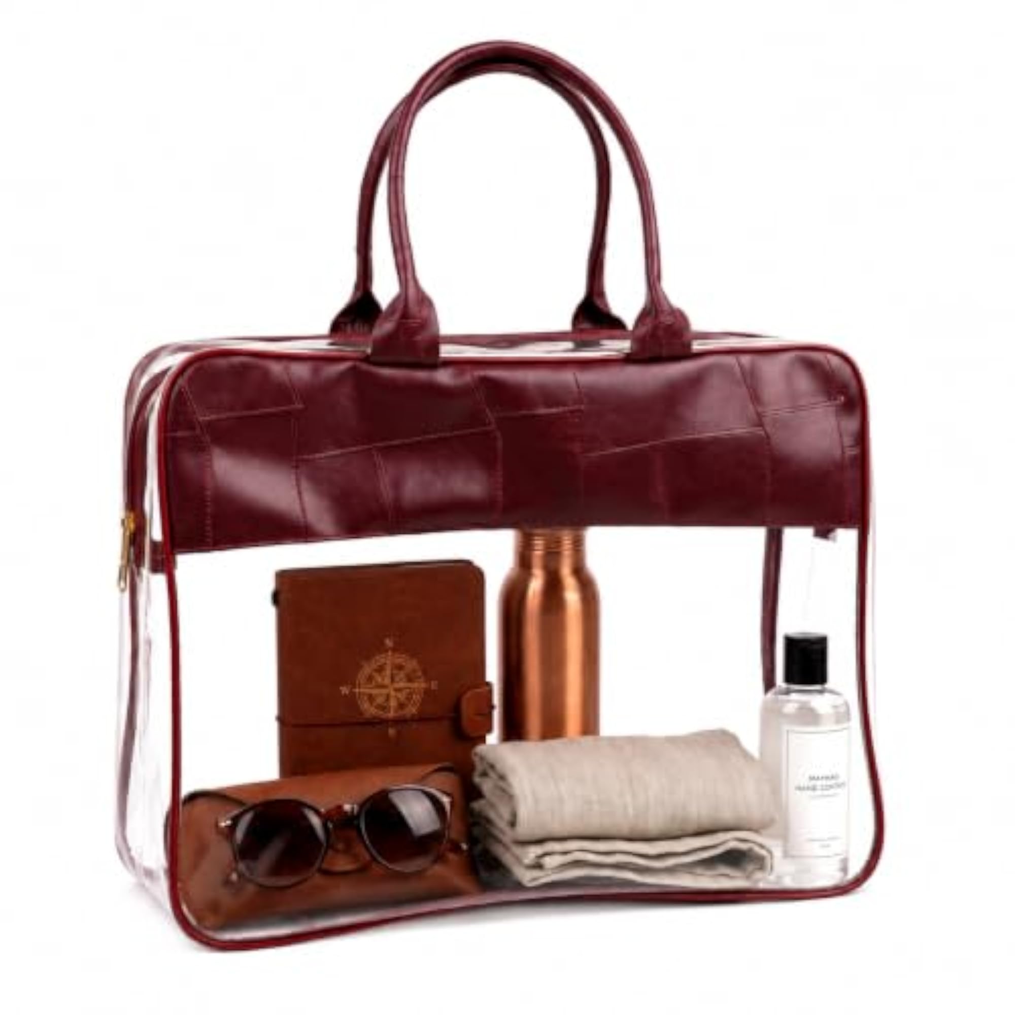 Clear Tote Bag with Leather Handles for Travel Organising