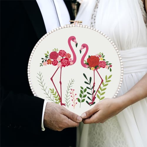 Image of FREEBLOSS 4 Set 8'' Roses Embroidery Kit Flamingo Stamped Pattern Hand Embroidery Kit Embroidery Starter Kit with Detained Instructions Cross Stitch Kit Includes Embroidery Hoops, Color Threads