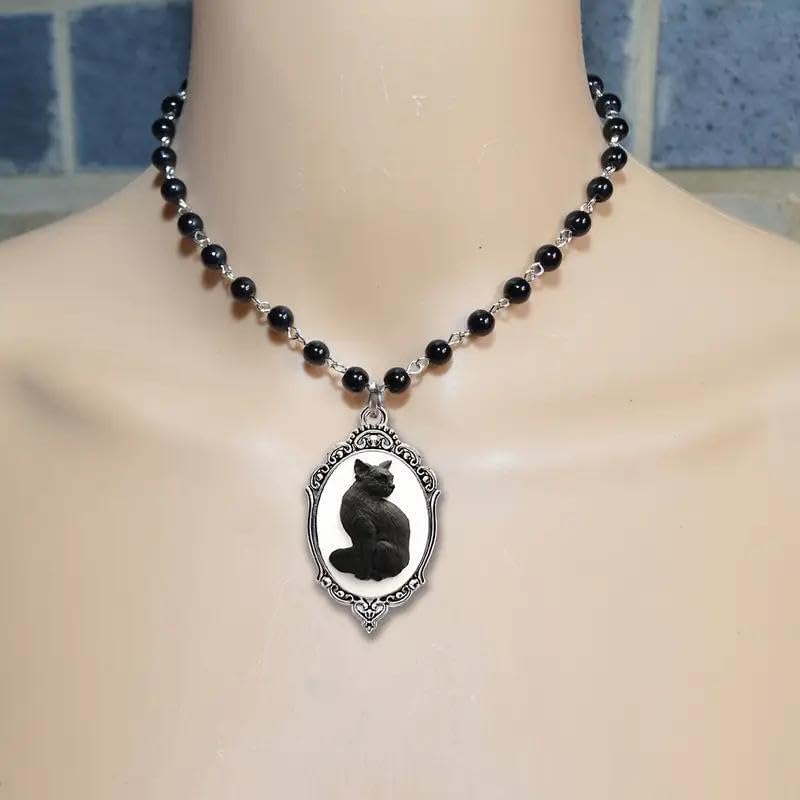 Retro Black Cat Cameo Pendant Beads Chain Choker Gothic Necklace for Women Men Goth Steampunk Antique Silver Elliptical Frame Charm Statement Mysterious Halloween Party Witch Costume Jewelry - Image 3