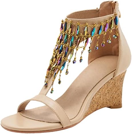 XIANGZU Women's Wedge SandalsT Strap Beaded Open Toe Low Heel Dress Sandal (8, Nude)
