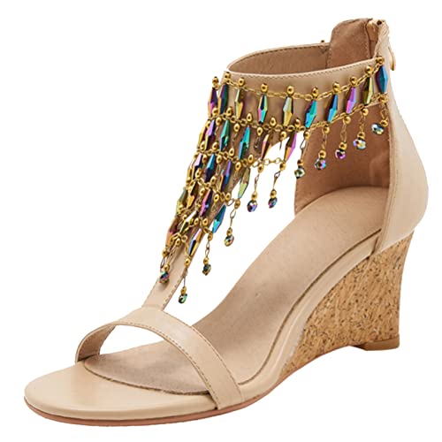Xiangzu Women's Wedge Sandalst Strap Beaded Open Toe Low Heel Dress Sandal (8, Nude) #TOP8