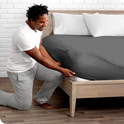 Image of 400 TC Cotton Elastic Fitted Bedsheet with 2 Pillow Covers for King Bed 72 x 70 10 Inches Dark Gray Solid Color Fitted Sheet