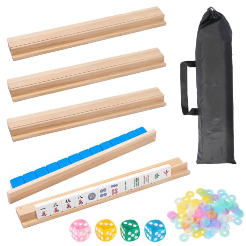Jieting Wooden Mahjong Racks with Pushers Set, 4 Magnetic Mahjong Tile Racks with Detachable Pushers, American Mahjong Accessories with Dice Chips & Storage Bags for Game Table (Natural Wood) by Jieting - Used condition - US$30.09