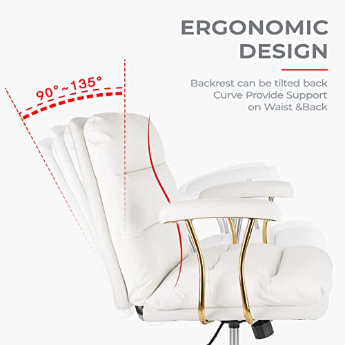 Klasika Ergonomic Office Chair For Heavy People, Desk Chairs With Wheels And Arms, Faux Leather Computer Chair For Home Bedroom Office, White Chair Gold Caster #TOP4