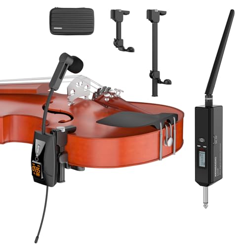 UHF Wireless Violin Cello Microphone System Violin Pickup Clip-on Instrument Microphones with Transmitter and Receiver for Musicians, Teachers, Stage Performances, Active PA Systems, 196ft Range