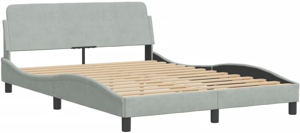 Bed Frame with LED Light Gray Velvet Upholstery 53.9"x74.8" Platform Bed with Sturdy Slatted Foundation and Headboard for Modern Bedroom Furniture