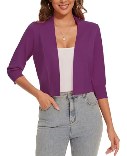 Image of Women 3 /4 Sleeve Cropped Cardigan Lightweight Casual Open Front Bolero Shrug Sweaters
