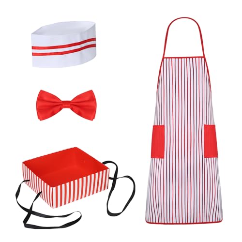 Funhoo Kit de fantasia de empregado de mesa para adultos, 4 peças, com bandejas, chapéu de chef, gravata-borboleta, avental às riscas vermelhas e brancas com 2 bolsos, carnaval, festa de circo