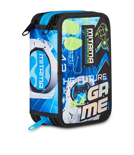 Mitama Estojo escolar com 3 compartimentos, Super Future Game, conteúdo 47 peças, lápis completo, canetas de feltro para escola primária criança, turquesa, moderno