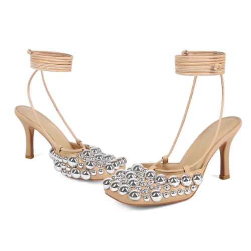 Image of Saint Leia Women's 4IN High Heel Sandals Nude Stiletto Pumps with Gold Silver Pearls Heels for Weddings Parties and Evening Wear