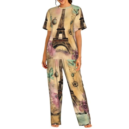 Pyjama col rond femme Tour Eiffel de Paris vêtement de nuit doux taille élastique