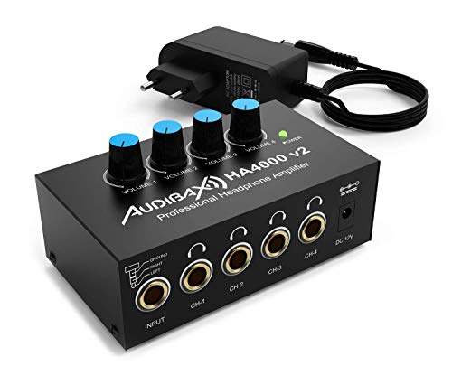 Audibax HA4000 v2, Amplificador de Auriculares Multicanal, Alta Potencia, 4 Amplificadores para Auriculares, Controlados de Manera Independiente, Compacto y Ligero, Interruptor Estéreo / Mono