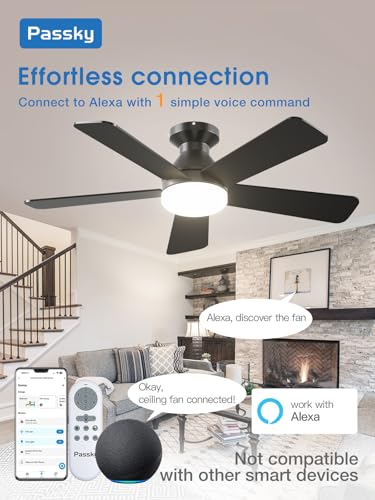 Image of Passky 42 Inch Smart Ceiling Fans with Lights, Low Profile, Alexa, Black | Remote /Alexa Voice Control, 6 speeds, Dimmable 3CCT Light, Quiet Reversible DC Motor, Timer, Memory, Flush Mount for Bedrooms