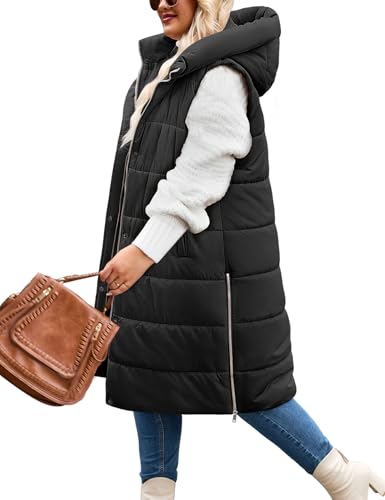 Wiepux Plus Size Long Puffer Vest Women Winter Sleeveless Puffy Jacket with Hood Zip Up Quilted Vest 2025,Black,XL