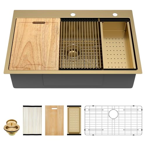Image of 33 Gold Drop In Kitchen Sink - Kichae 33x22 Gold Brushed Stainless Steel Drop Sink 16 Gauge Ledge Workstation Single Bowl Topmount Overmount Handmade Basin with Cutting Board