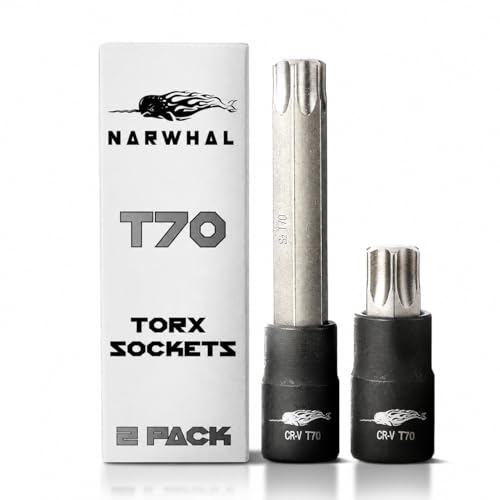 T70 Torx Socket - 1/2 Drive - 2 Pack Includes 6 Long Bit & 2 Bit - Industrial Grade S2 Alloy Steel