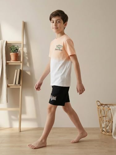 Image of Li'l Tomatoes Boys 100% Cotton Night Suit Set | Half Sleeve T-Shirt & Shorts | Color Block & Typography Print | Soft & Breathable Sleepwear | Casual Summer Wear | 9-16 Years