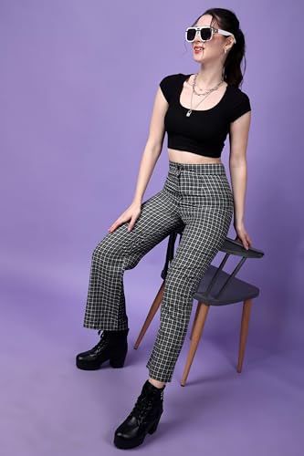 Image of POPWINGS Casual Check Print Button and Zip Closure Trouser for Women | Western Wide-Leg Trouser for Women | Summer Trousers for Women | Comfortable Semi-Formal Work Trouser for Women