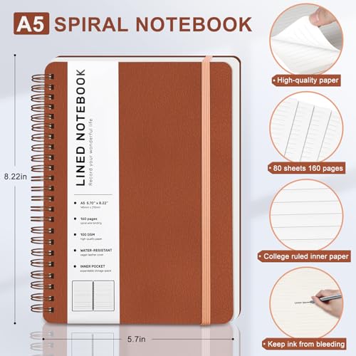 Carnet à spirales ligné pour le travail et l'université, format A5 marron