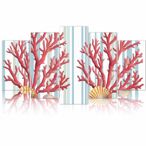 Shine-Home 5 Piece Wall Art, Red Coral Canvas for Painting - Modern Wall Decor Poster, Coastal Shell Summer Beach Stripe Nautical Artwork Pictures Wooden Giclee Framed for Living Room Bedroom Small
