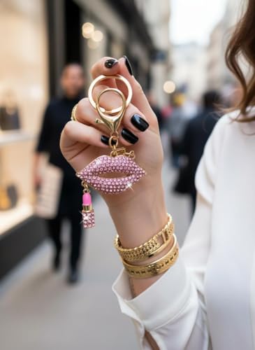 Image of Bling Crystal Lips and Lipstick Shaped Key Ring | Keychain Pendant Charm for Girls Bags, Wallets and Luggage - Pink
