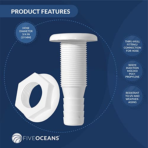 Five Oceans Fo1863 White Straight Thru-Hull Fitting Connection For Hose, 3/4 Inches, Injection Molded Polypropylene, Barbed, Resist Harsh Conditions #TOP1