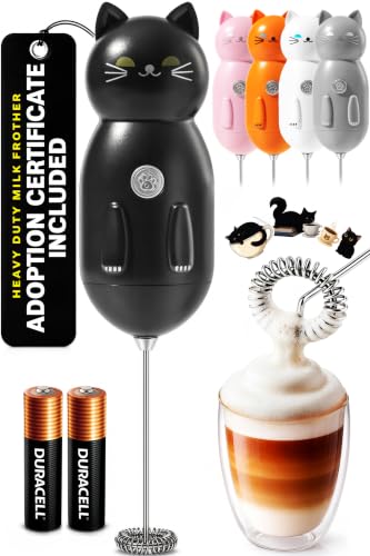Image of Cat-Shaped Frother Mixer - Cutesy Frother, Meet Your New Frothing Buddy Midnight The Cat, Adoption Papers and Stickers Included, Purrr-fect for Lattes, Cappuccino & Matcha - Black