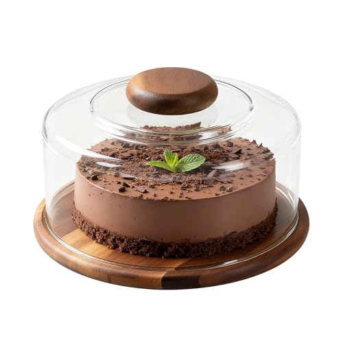 Yuhtech Plateau à gâteau avec couvercle, cloche à gâteau en verre avec plateau en bois, présentoir à gâteau en bois avec cloche, plateau à gâteau avec...