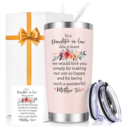 Qtencas Mother's Day Gifts for Daughter in Law, Daughter in Law Mothers Day Gifts, 20 Oz Insulated Tumbler with Card, Christmas Birthday gift for Daughters-in-law, Rose Quartz