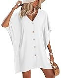 AI'MAGE Womens Swimsuit Cover Up Button Down Bathing Suit Coverups 3/4 Sleeve Beachwear Oversized Bikini Shirt Dresses White M