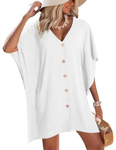 AI'MAGE Womens Swimsuit Cover Up Button Down Bathing Suit Coverups 3/4 Sleeve Beachwear Oversized Bikini Shirt Dresses White M