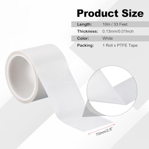 PATIKIL Hitzefestes Band, 2,8 Zoll x 33 Fuß Hochtemperaturband PTFE-Klebeband Hochtemperaturband Wasserdicht für Vakuumversiegelungsmaschine Isolationsschutz, Weiß, 0,13 mm dick