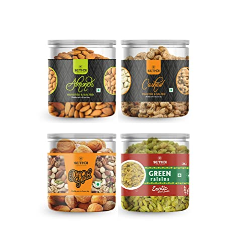 Sethji Dry Fruits And Nuts Combo Pack – 1Kg (Roasted Masala Cashew 240 Size- 250G, Roasted Salted Jumbo Size Almond-250G, Green Raisins- 250G, Khurmani Big Size- 250G)Value Combo Pack Of 4