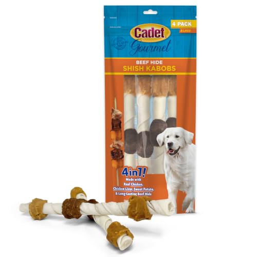 Cadet Gourmet Shish Kabob Dog Chews for Large Breeds Rawhide Treats For Dogs with Chicken and Sweet Potato Healthy & Natural Beef Hide 10-Inch Sticks 4 Count (Pack of 1)