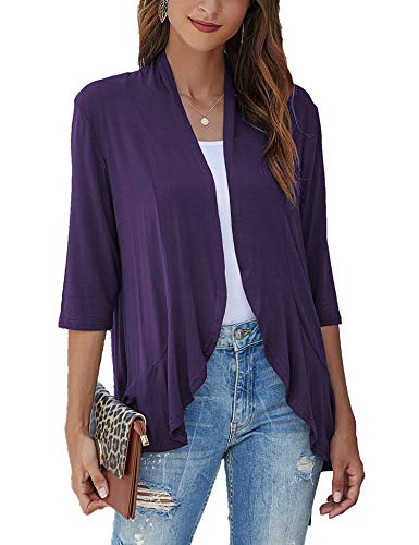 Image of Bluetime Women Casual Lightweight Open Front Cardigans Soft Draped Ruffles 3 /4 Sleeve Cardigan (S-3XL)