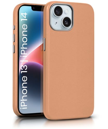 Image of WOW IMAGINE Back Cover for iPhone 13 | iPhone 14 | Shockproof Tough Leather Texture Hard Mobile Case | Ultra Slim Non-Slip Grip | Inner Velvet Fabric | Metal Camera Ring (Tan Brown)