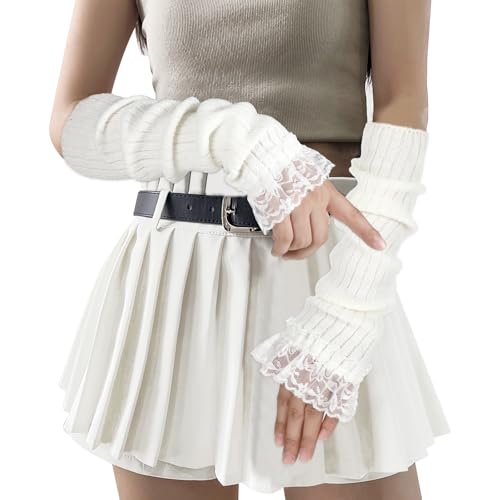 Abeillo - Abeillo Arm Warmers for Long Sleeve Fingerless, Y2K Cool Girls Arm Covers, White Cute Harajuku Knitted Lace Arm Sleeve, Gothic Punk Hip Hop Accessories(White)