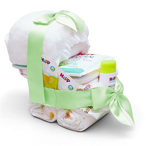 MilaBoo® Tarta de pañales para cochecito de bebé, color verde, 18 pañales premium, tamaño 2, loción láctea, toallitas húmedas, té, tarjeta postal de Hello Baby con elementos dorados, regalo de
