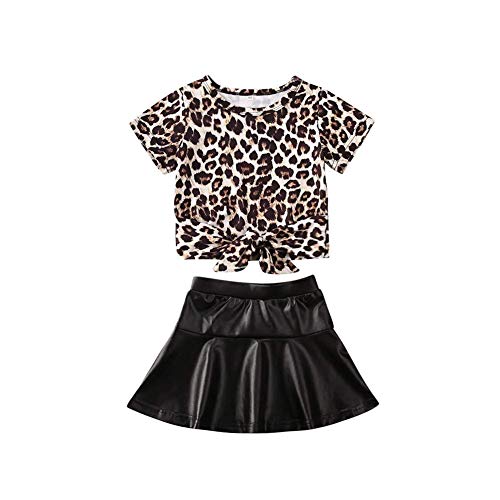 Kids Toddler Girls Short Sleeve Leopard Print Tie Front Crop Top T-Shirt + Tulle Tutu Skirt Flared Ruffle Skirts Outfits Set (Brown+Black, 6-12 Months)