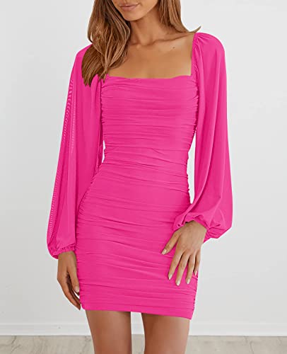 Image of MEROKEETY Women Square Neck Lantern Long Sleeve Mesh Ruched Bodycon Clubwear Mini Dress