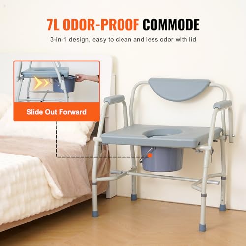 VEVOR Raised Toilet Seat, Adjustable Height with 5 Levels, Drop-Arm Design, Detachable Backrest, 7L Easy-Clean Bucket, Quick Assembly, Support up to 1000lbs, Ideal Bedside Commode for Elderly & Adults by VEVOR - Image 7