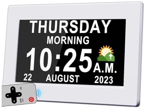 Omana Reloj de demencia con pantalla de 7 días y fecha con marco de fotos HD, DST automático, más de 15 alarmas personalizadas, con control remoto