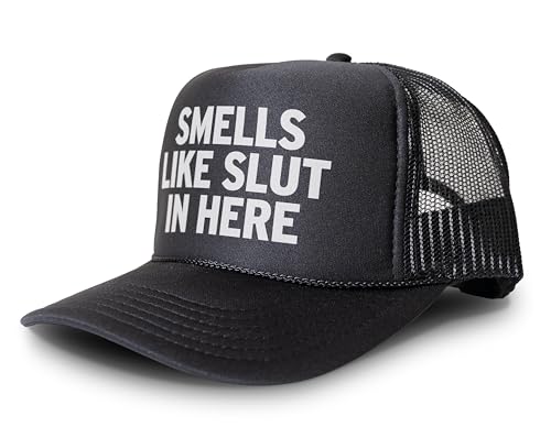 Chudly.com Smells Like Slut in Here Funny Party Snapback Mesh Trucker Hat (Black/Black)