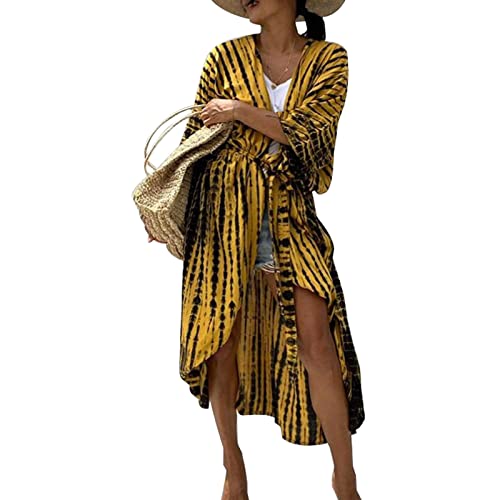 Long Beach Kleid für Frauen, Damen Lose Sommer Pareos, Maxi Strandkleid Boho Kimono Lang Strand Cardigan Beachwear, Front Offen Blumen Bluse Bikini...
