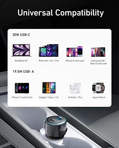USB C Car Charger, Anker 49.5W PowerDrive Speed+ 2 Car Adapter with 1 30W PD Port for MacBook Pro/Air (2018), iPad Pro (2018), iPhone XS/Max/XR/X/8, and 1 19.5W Fast Charge Port for S8 and More