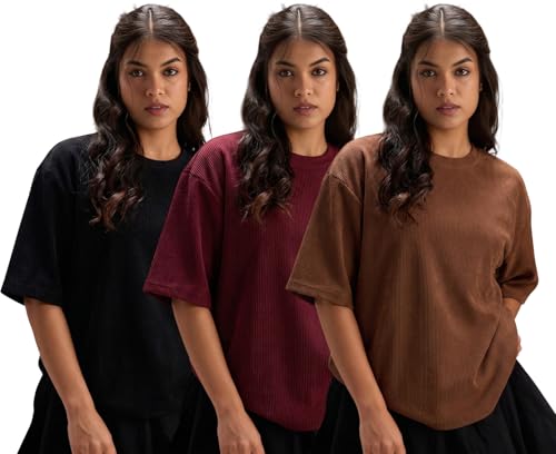 Image of RodZen Women Half Sleeve Polycotton Rib Textured Oversized Tshirt|Drop Shoulder|Loose Fit Tshirt|Stretchable
