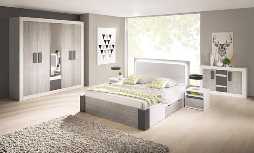 Fabryka Mebli Idźczak Schlafzimmer-Set Komplett - Helios III 230 Bettgestell - Kleiderschrank mit Spiegel, Kommode, Nachttisch - Innovativ, Stilvoll, Modern - Weiß/Kathult+Grau