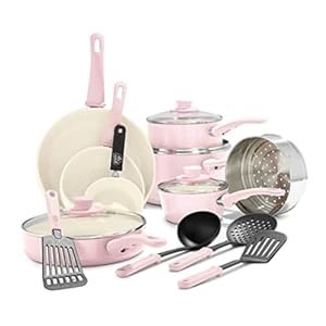 GreenLife Soft Grip Healthy Ceramic Nonstick 16 Piece Kitchen Cookware Pots and Frying Sauce Saute Pans Set, PFAS-Free with Kitchen Utensils and Lid, Dishwasher Safe, Soft Pink