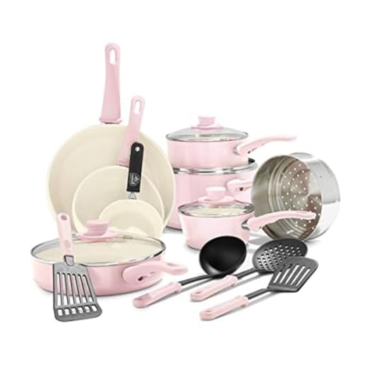 GreenLife Soft Grip Juego de 16 Ollas y Sartenes de Cerámica Antiadherente, Incluye Sartén, Cacerola y Cazo, Sin PFAS, Apto para Lavavajillas, Apto para Horno, Rosa